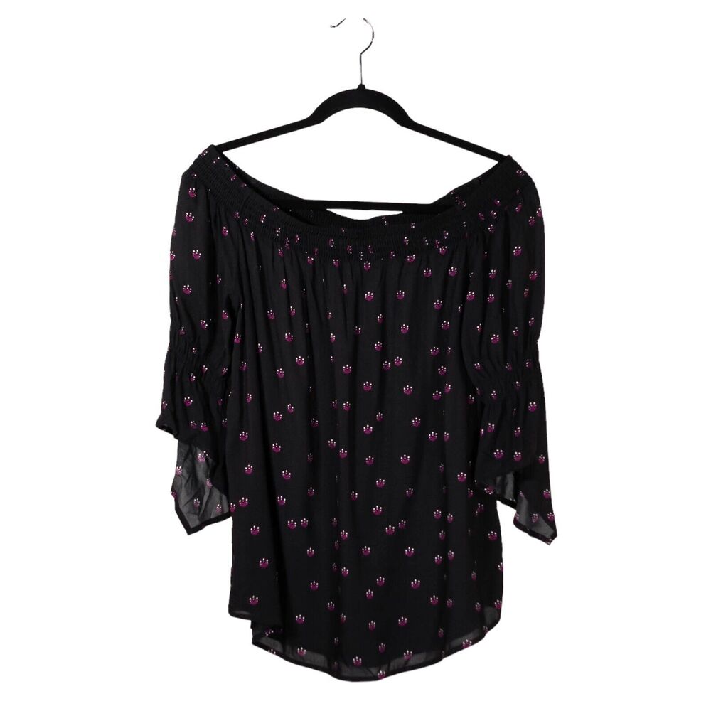 Express Women's Blouse Black Pink Floral Off Shoulder Ribbed 3/4 Sleeve Top M - Picture 1 of 9